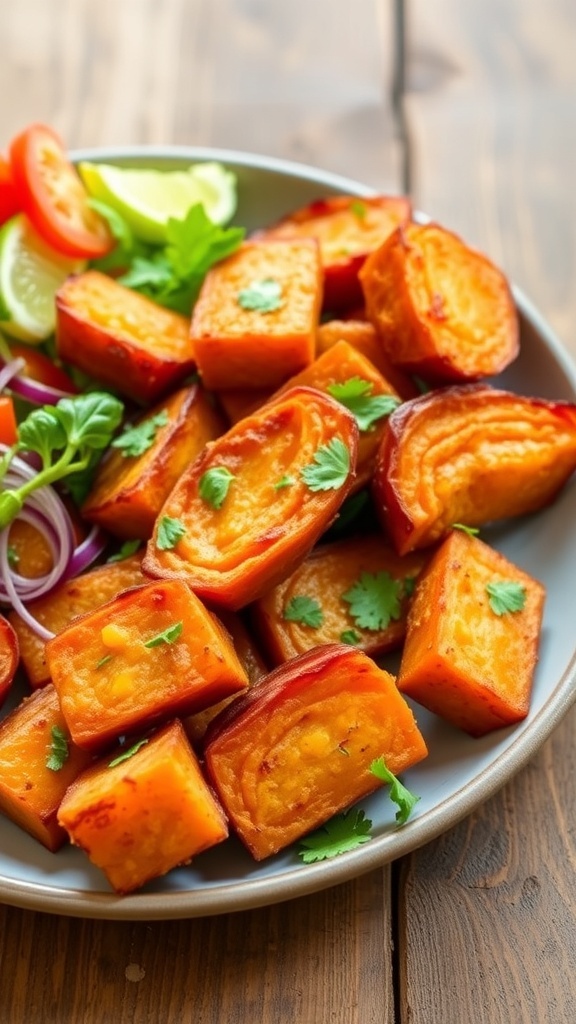 Crispy air fryer yams served on a plate, garnished with herbs, on a rustic wooden table.